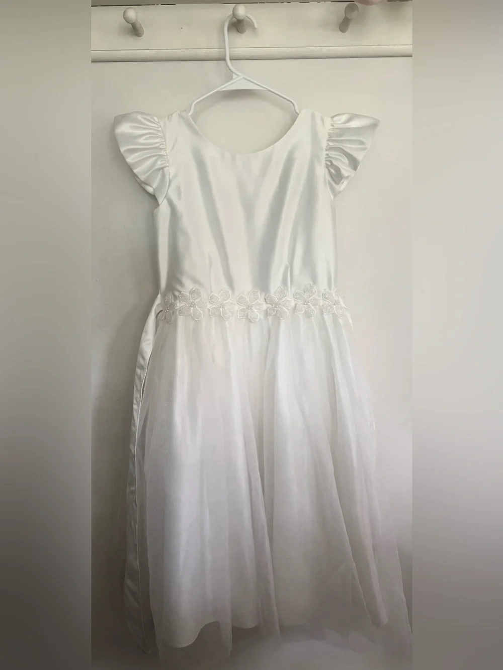 Sweet Kids SK948 White Flutter Sleeve Satin with Beaded Floral Trim